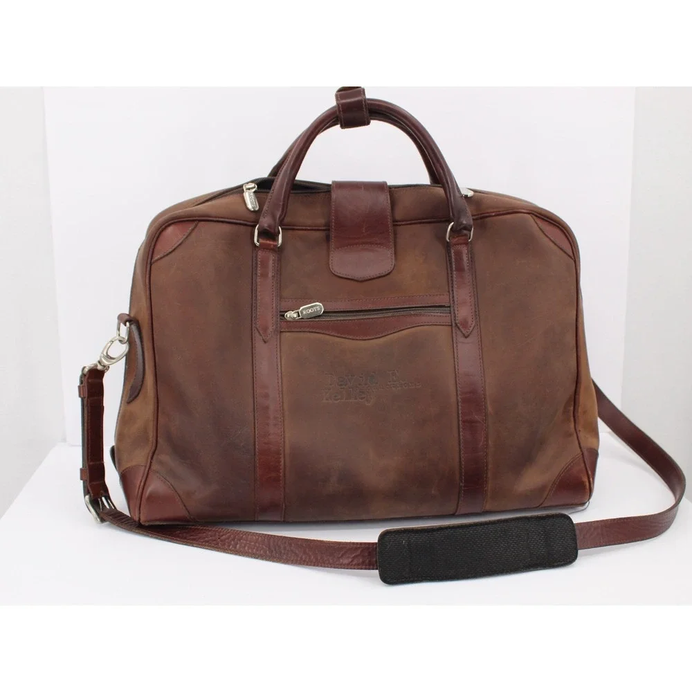 Roots Brown Leather Duffle Bag David E Kelley Productions Weekender Travel Bag